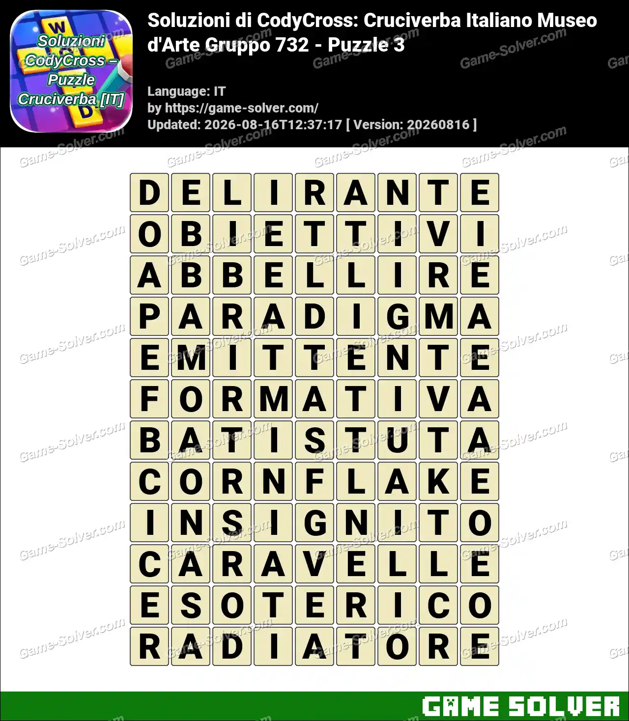 Soluzioni di CodyCross: Cruciverba Italiano Museo d’Arte Gruppo 732 – Puzzle 3